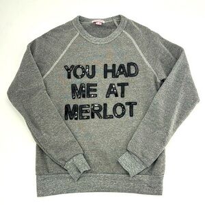 UEC Bow & Drape gray crewneck sequin sweatshirt small “ you had me at Merlot”
